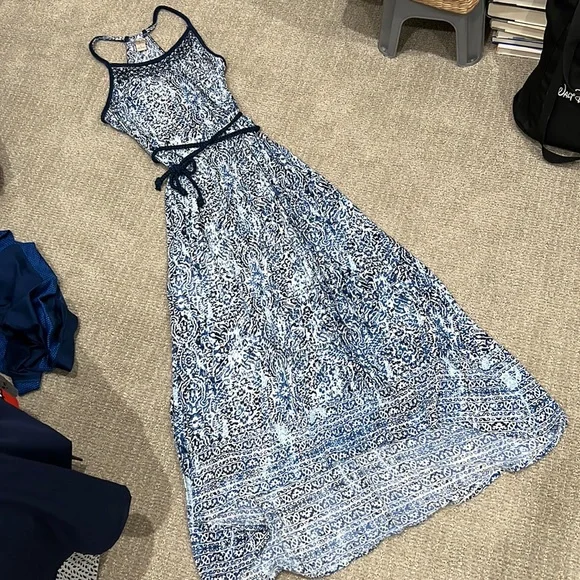 Lucky Brand | Dresses | Lucky Brand Maxi Halter Cinch Back Boho Navy Print  Dress Size Small | Poshmark